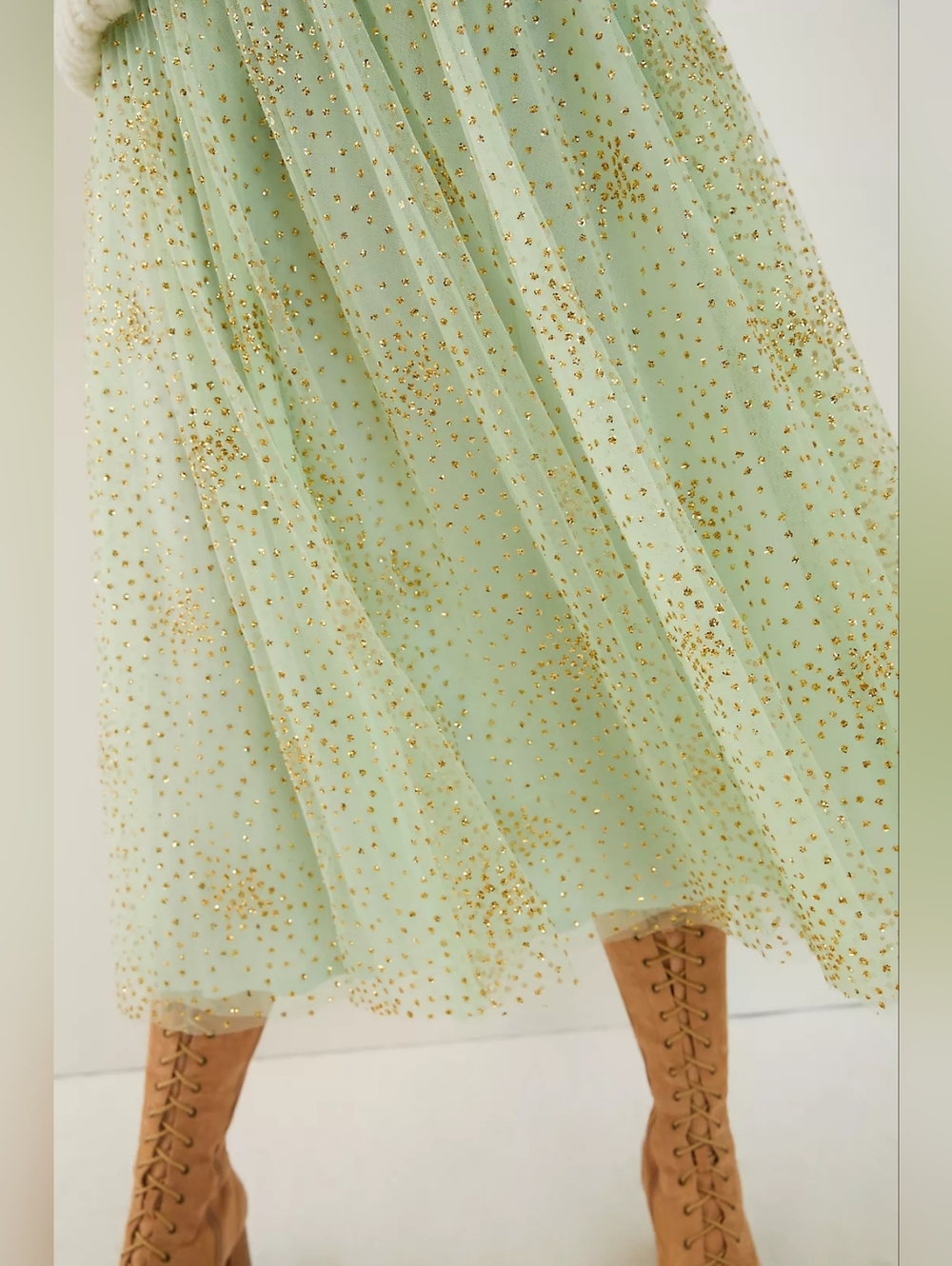 NWT Anthropologie Sydney Shimmer Tulle Midi in Green Glitter Gold Dot Skirt XS - Picture 9 of 10